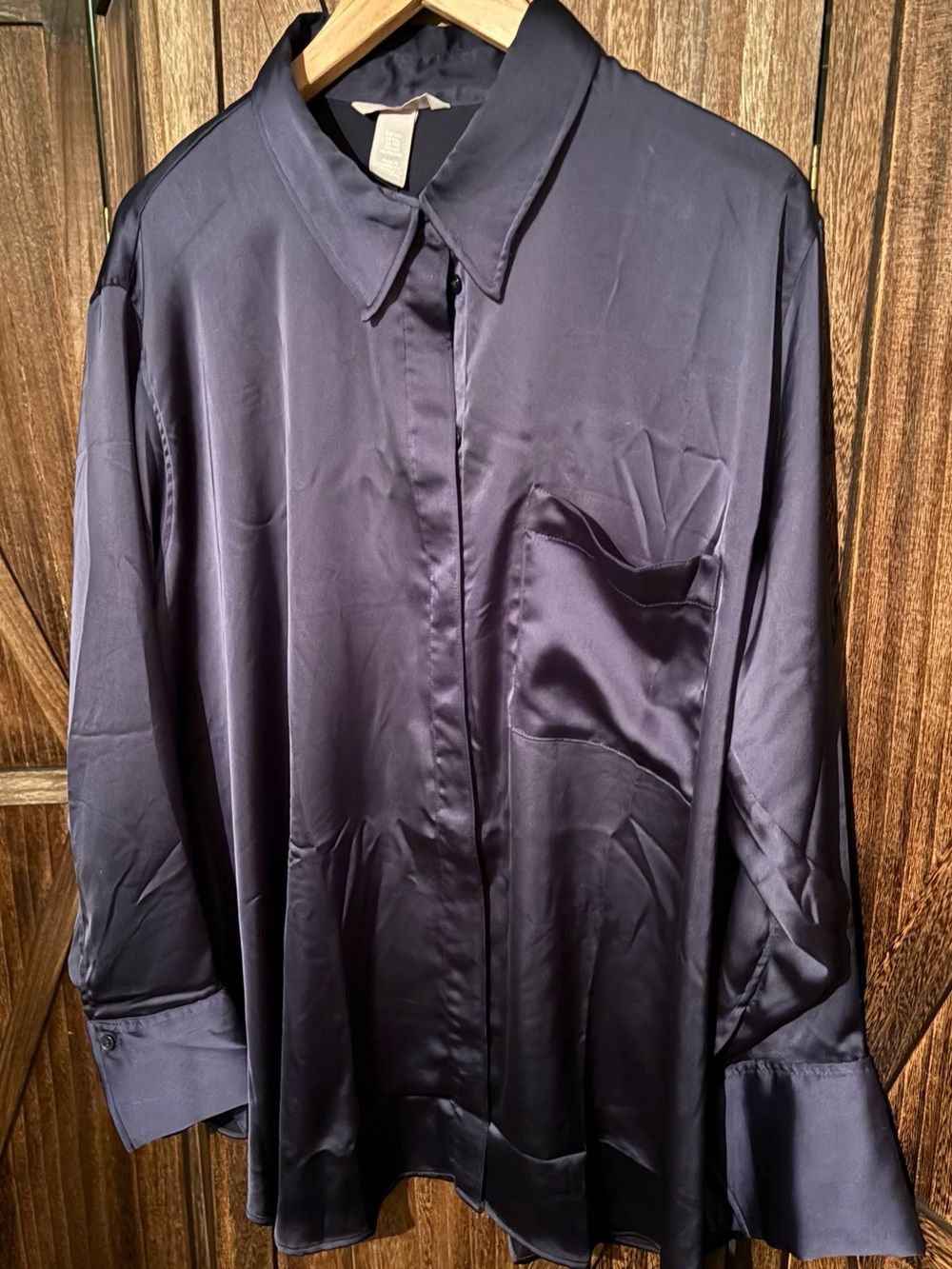 H&M Deep Navy Satin Button-Up Blouse